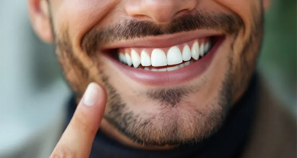 a close up of a bearded man pointing at his smile